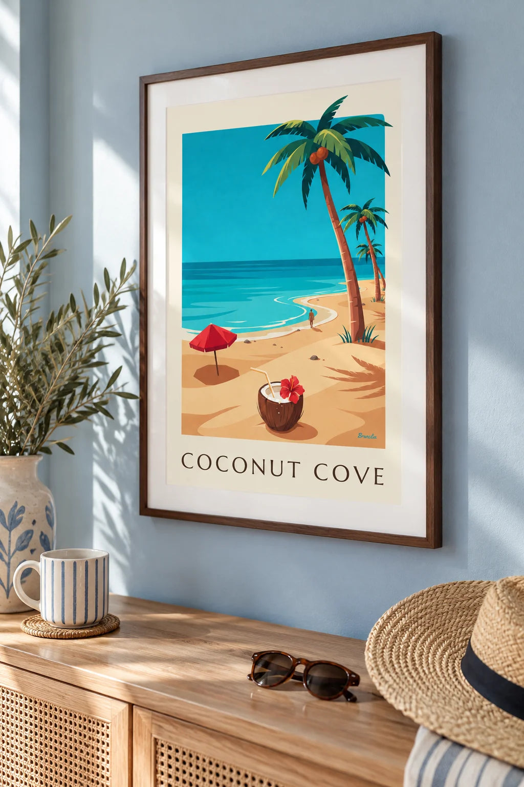 Coconut cocktail on a tropical beach poster on the wall