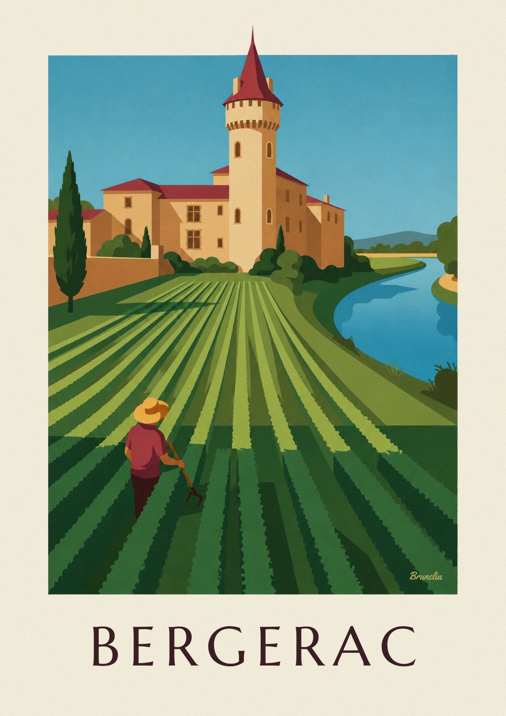 Le château doré à tour ronde et toiture rouge, devant les rangs de vignes