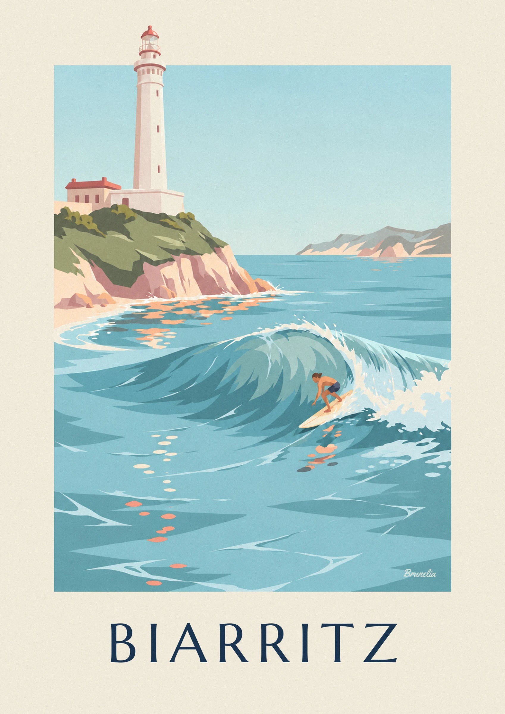 Le surfeur en short bleu marine glisse dans le tube d'une vague turquoise, planche crème sous les pieds