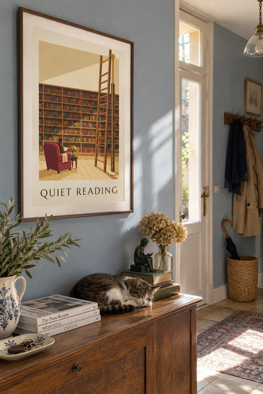 Affiche bibliothèque en bois et échelle coulissante : encadrée au mur