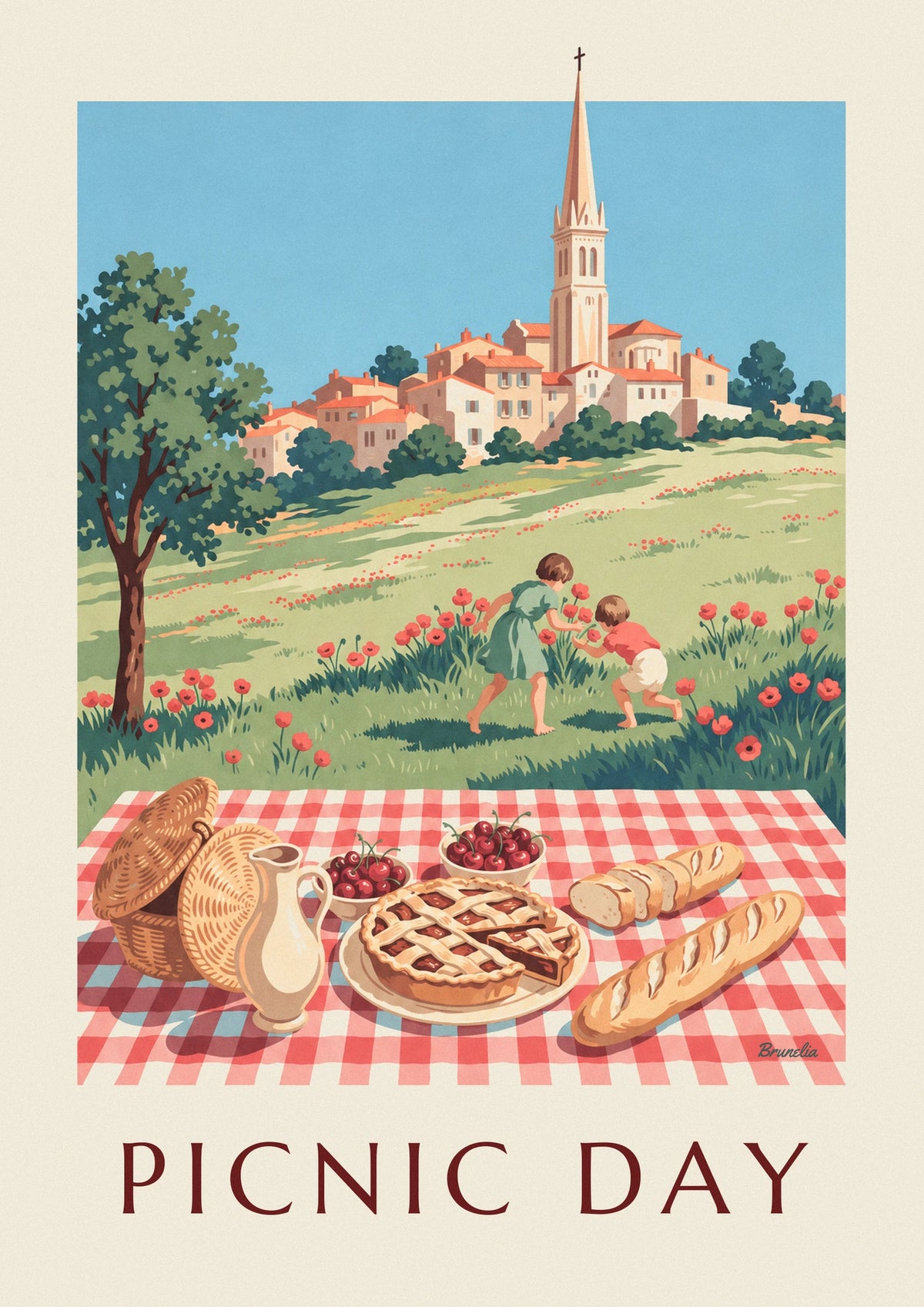 Family picnic on a checkered tablecloth poster