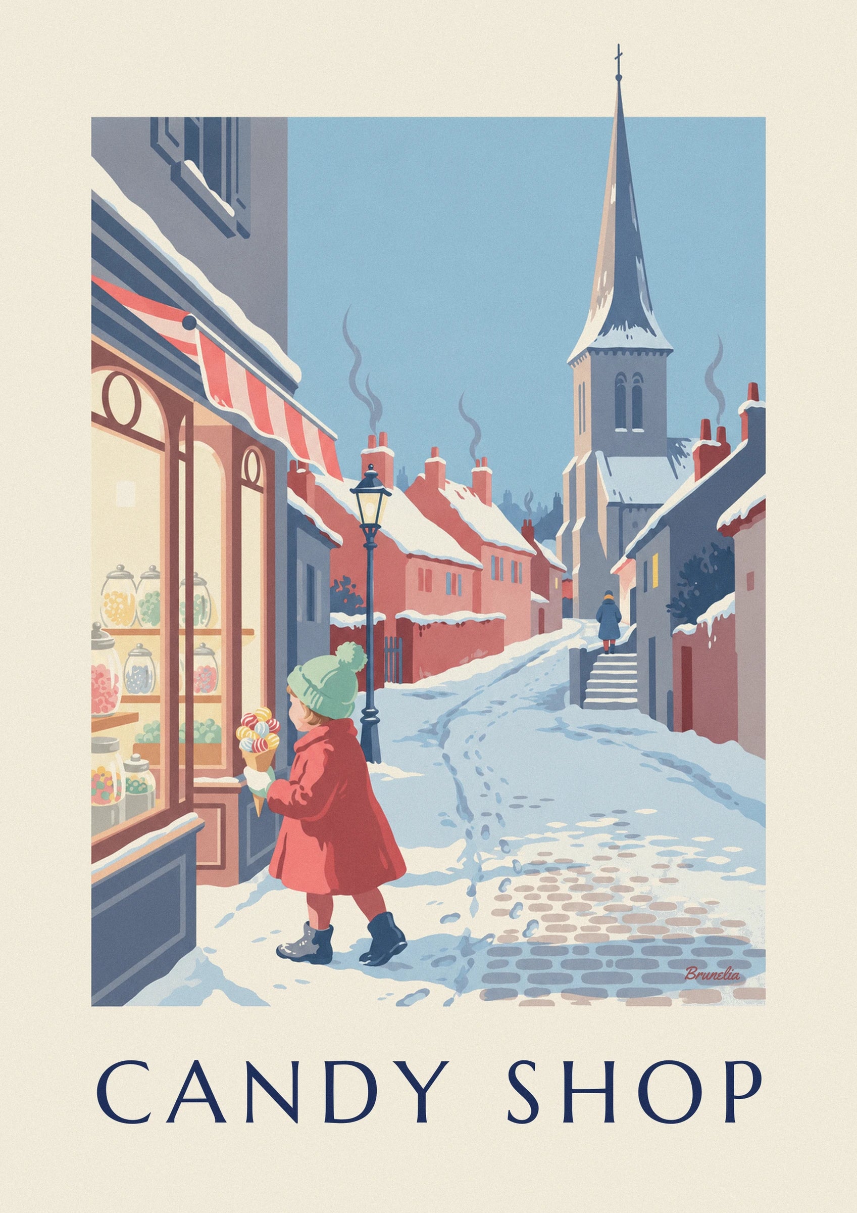 La fillette au bonnet vert et manteau rouge, son cornet de bonbons à la main devant la vitrine