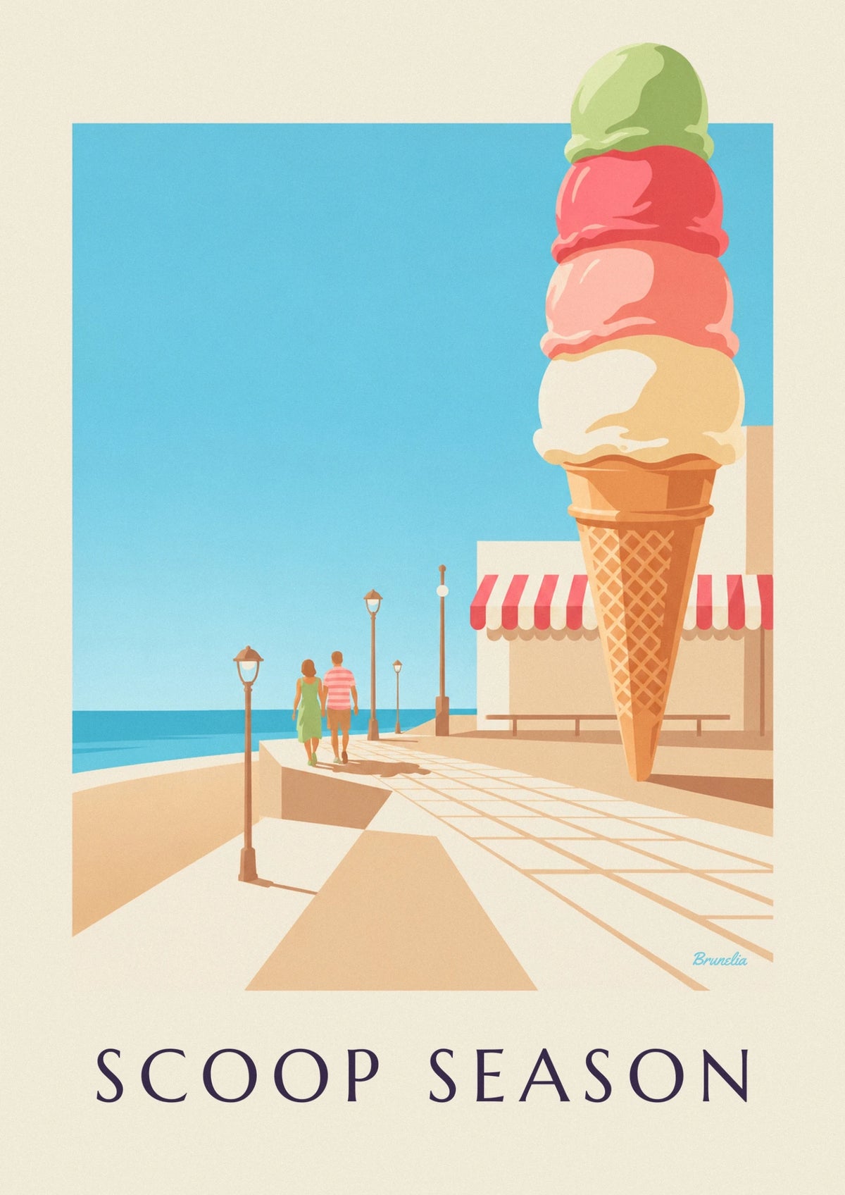 3-scoop ice cream cone by the sea poster