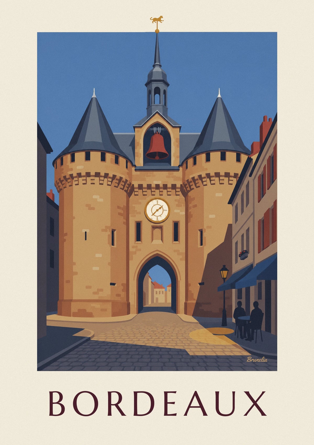 Affiche Grosse Cloche de Bordeaux et terrasse de café