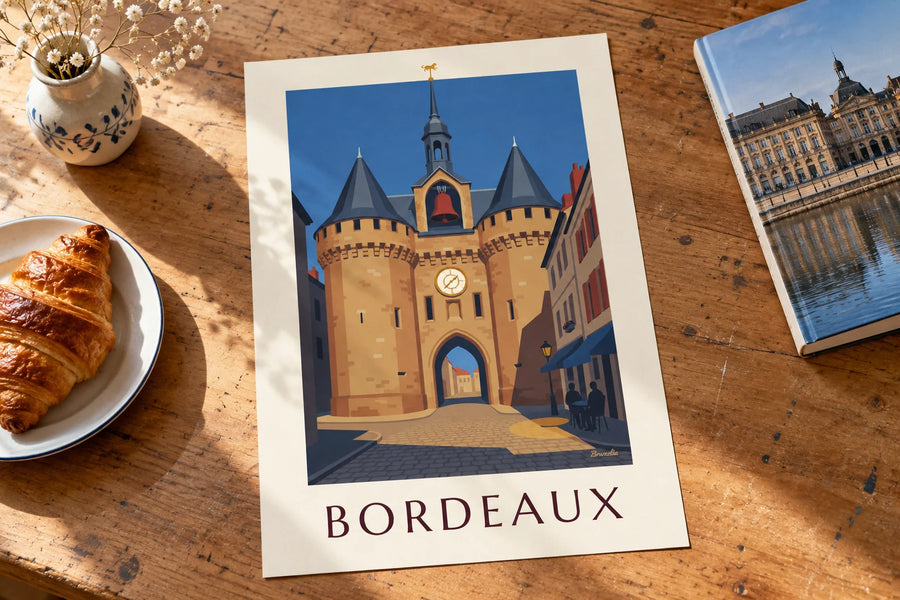Juliste Bordeaux'n Grosse Cloche -kellotornista ja kahvilan terassista: pöydällä