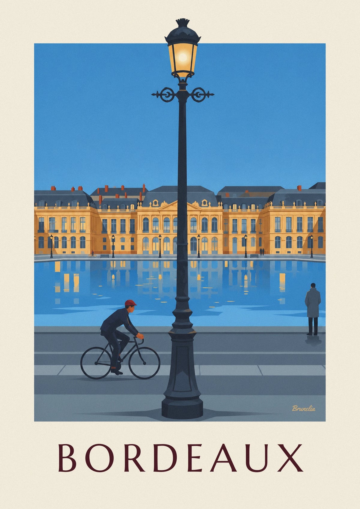 Cyclist by Bordeaux’s water mirror at dusk poster