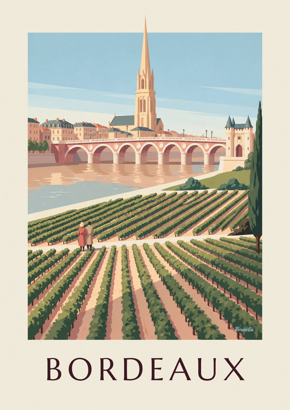Stone bridge and Porte Cailhau in Bordeaux seen from the vineyards poster