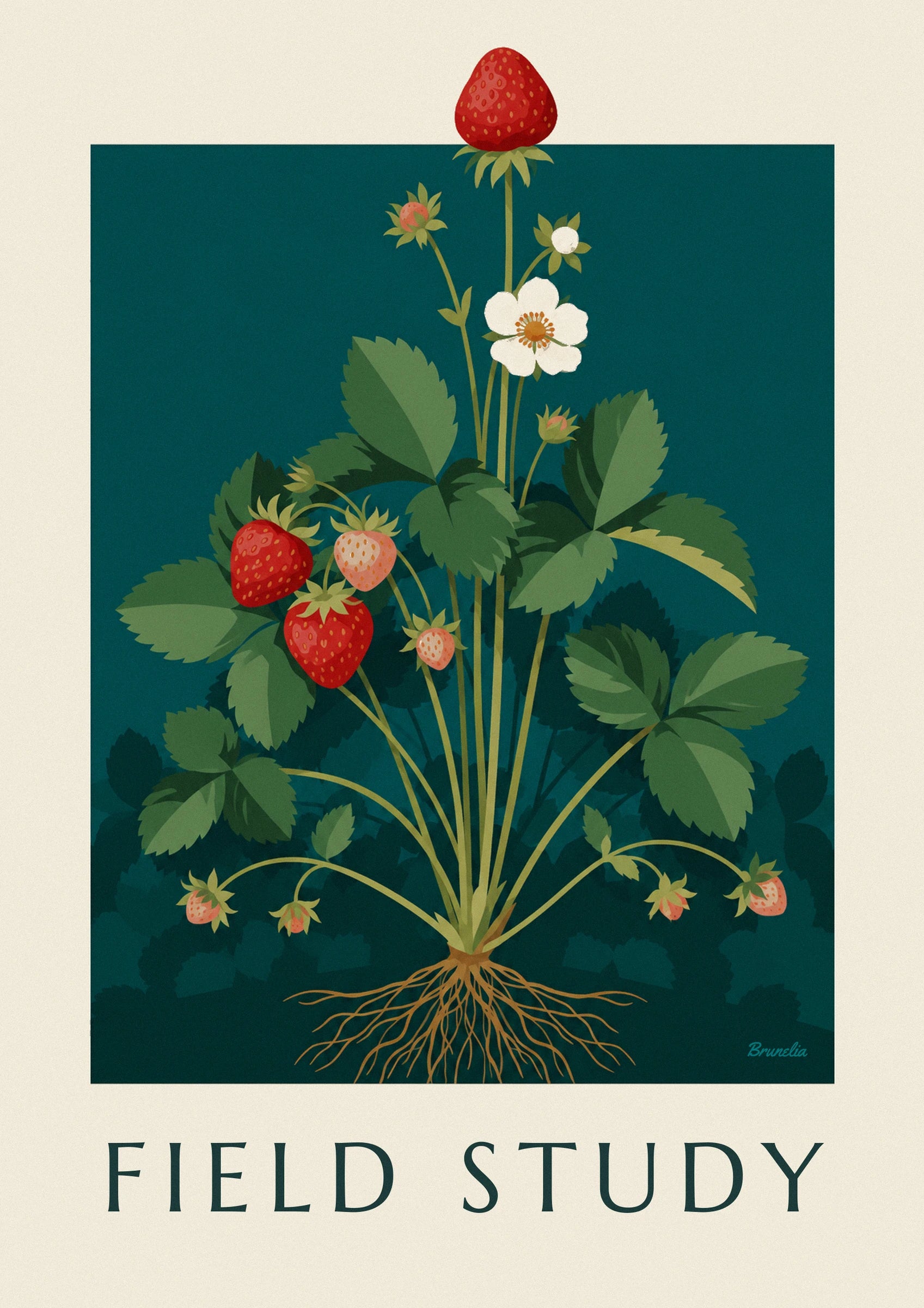 Les 2 fraises rouges et la fraise rose pâle, parmi les feuilles dentelées