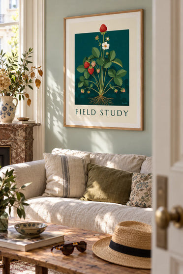 Botanical plate of the strawberry plant with flowers and roots poster: framed on the wall