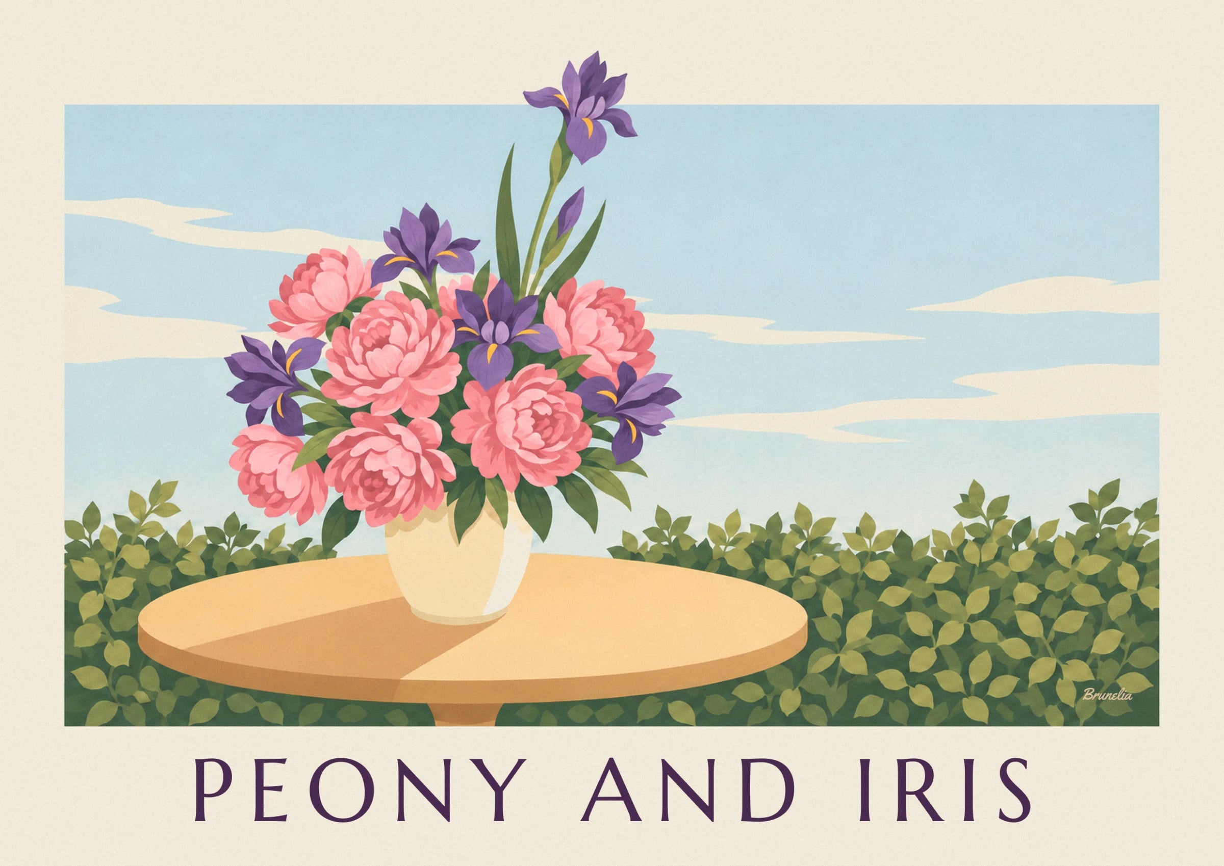 Pink peonies and purple irises with orange centres in a cream vase, on the table