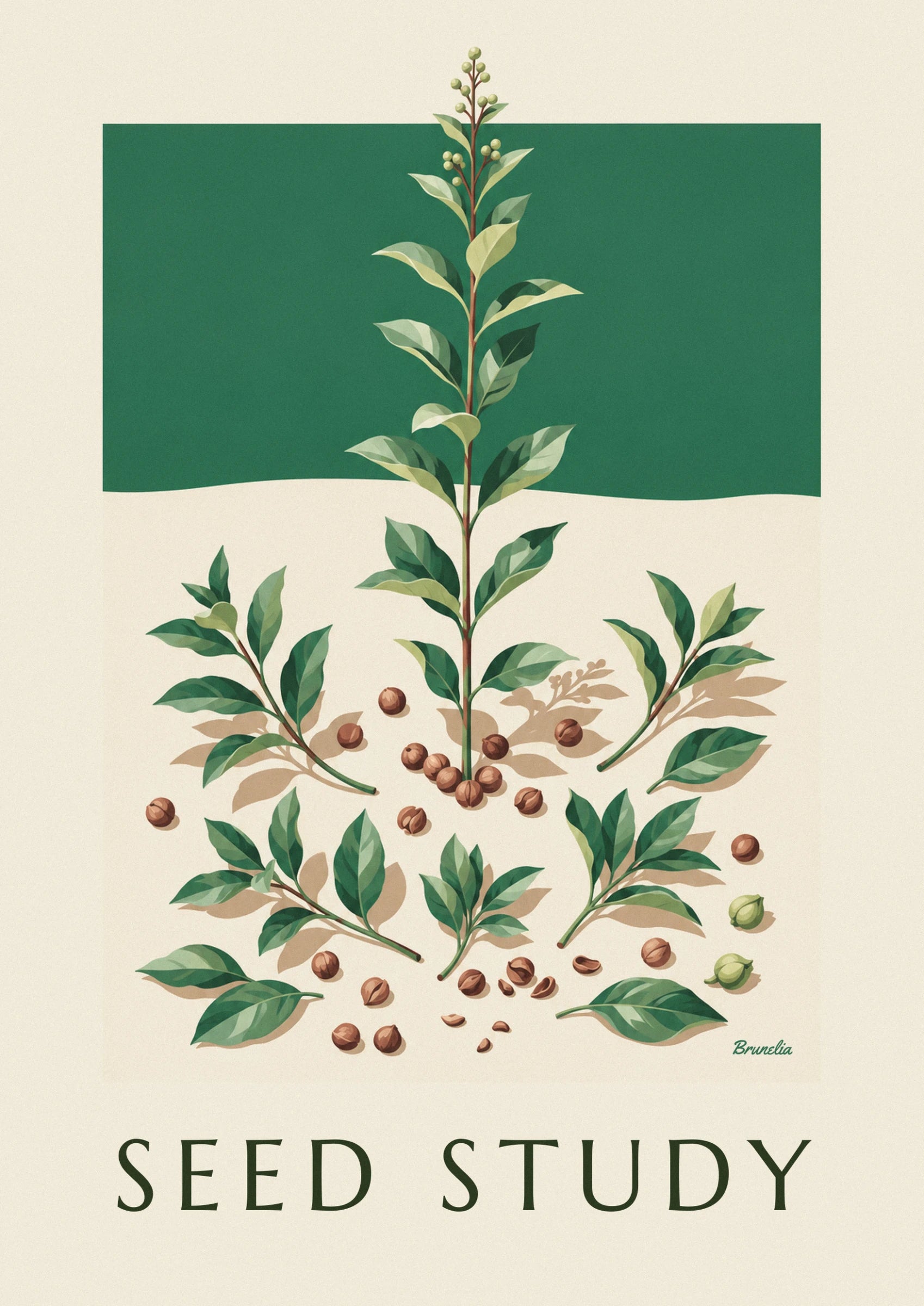 A long leafy stem in soft green tones, against a deep green and cream background