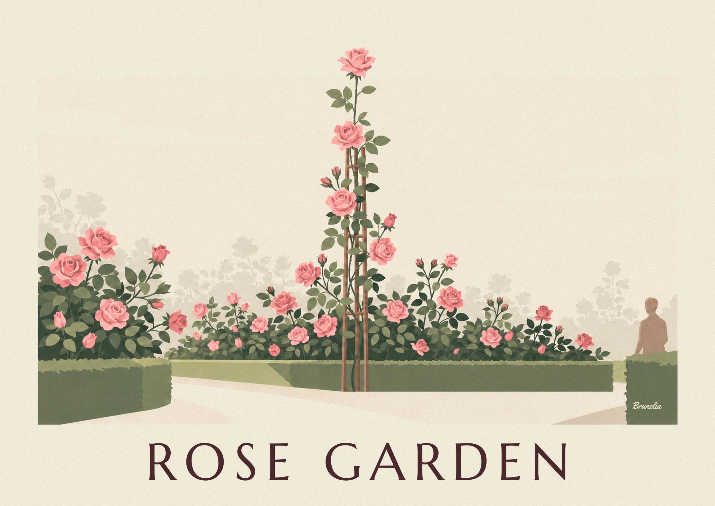 The pink roses on their long leafy stems, supported by a brown trellis