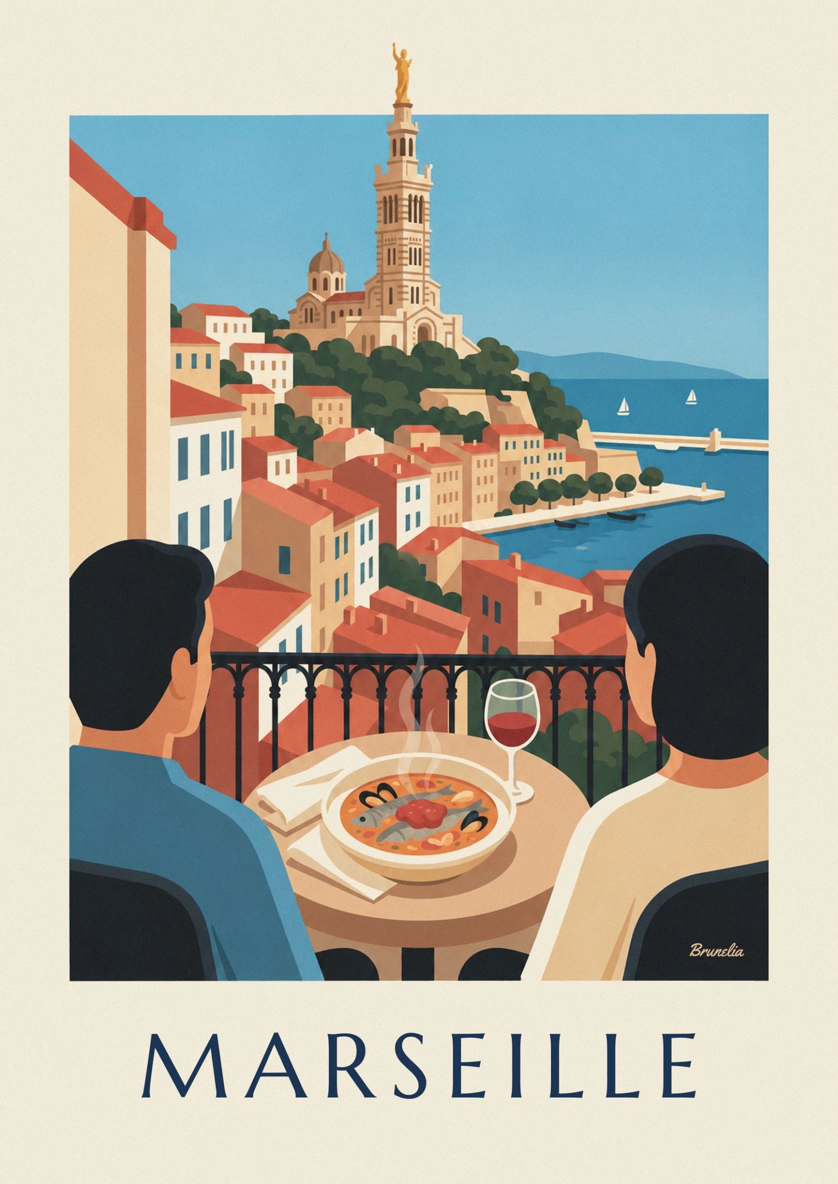 La bouillabaisse fumante aux poissons et moules, près d’un verre de vin rouge