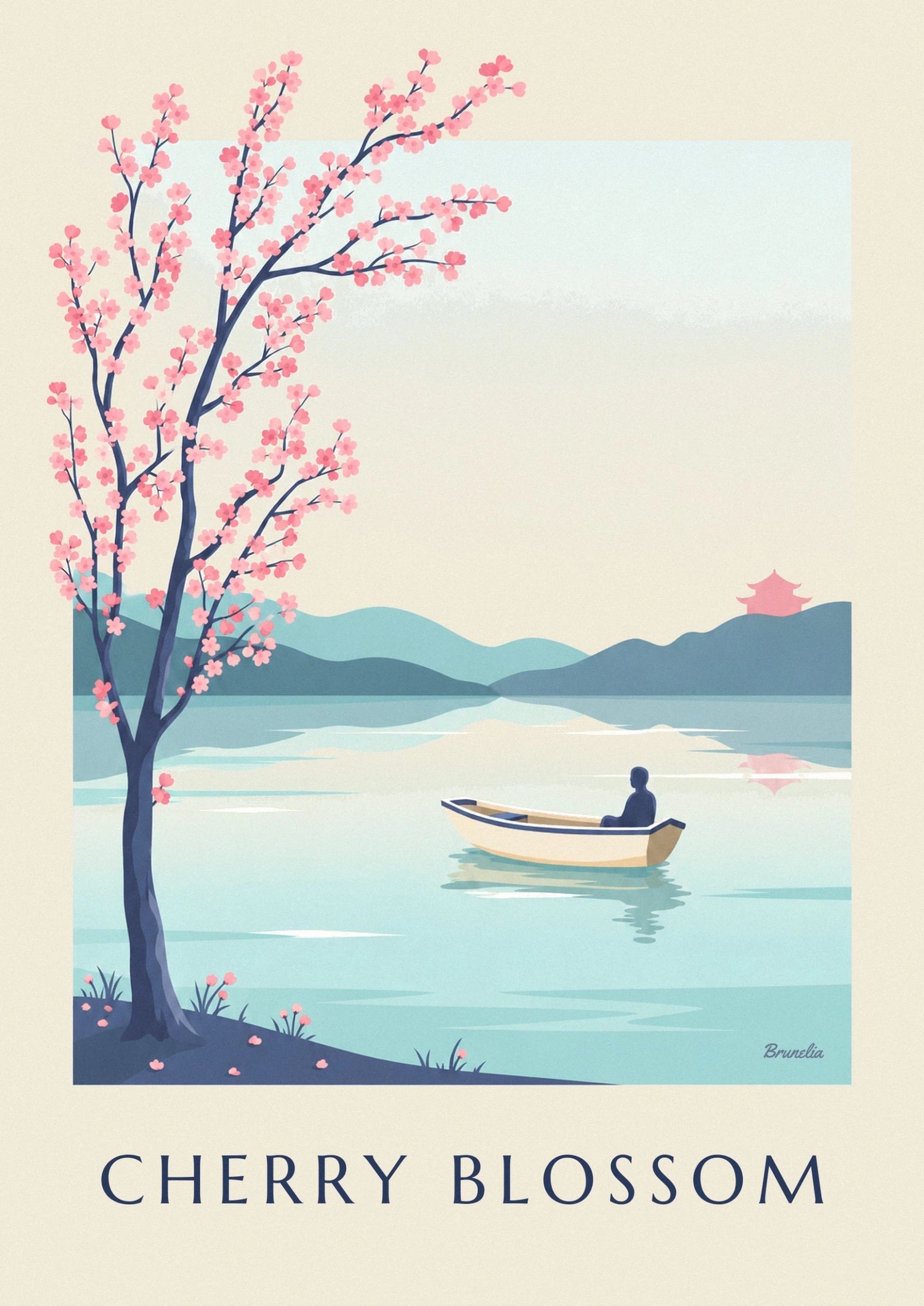 Branche de cerisier chargée de fleurs roses, devant le lac pâle