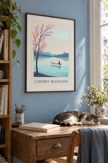 Affiche branche de cerisier en fleurs au-dessus d'un lac japonais : encadrée au mur