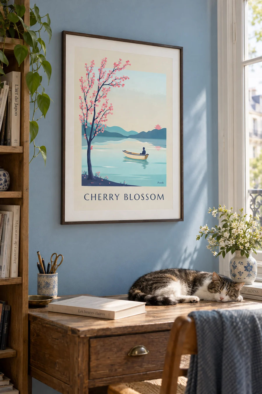 Affiche branche de cerisier en fleurs au-dessus d'un lac japonais : encadrée au mur