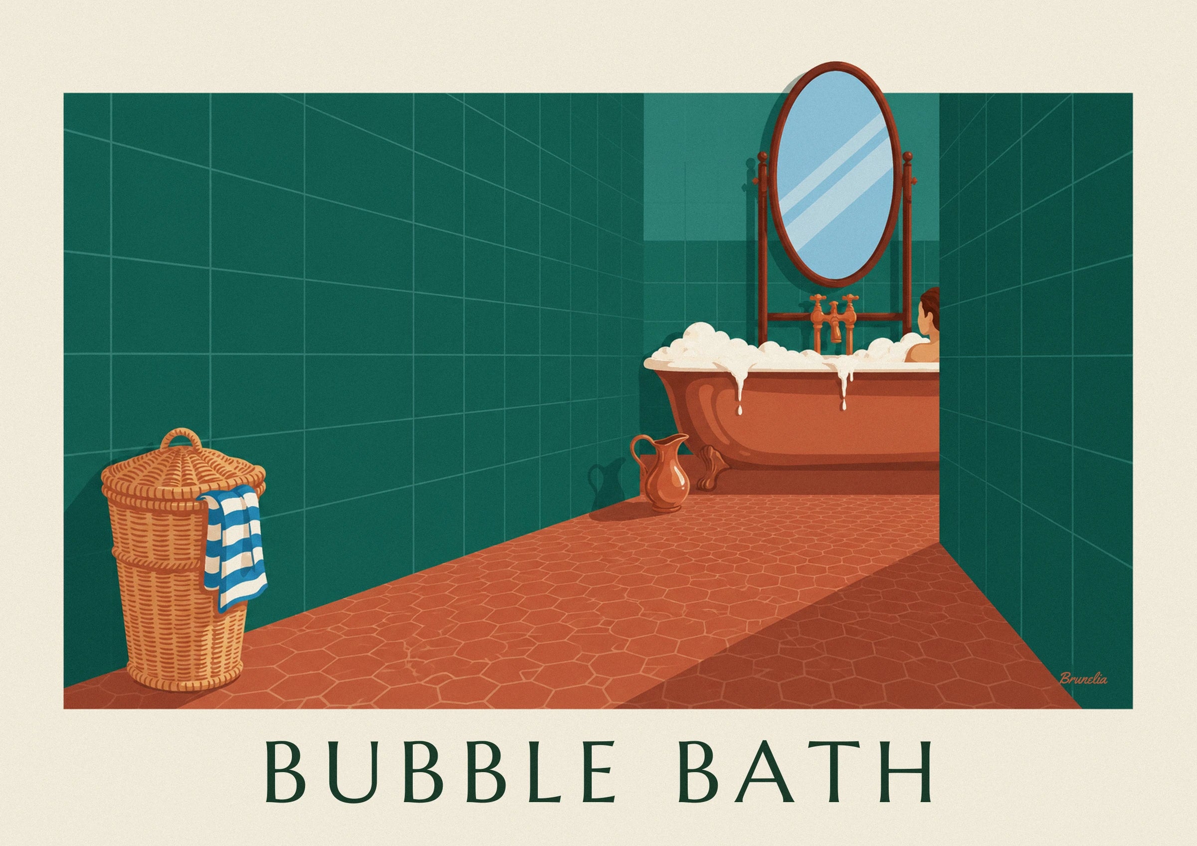 The copper bath overflowing with bubbles beneath the large oval mirror