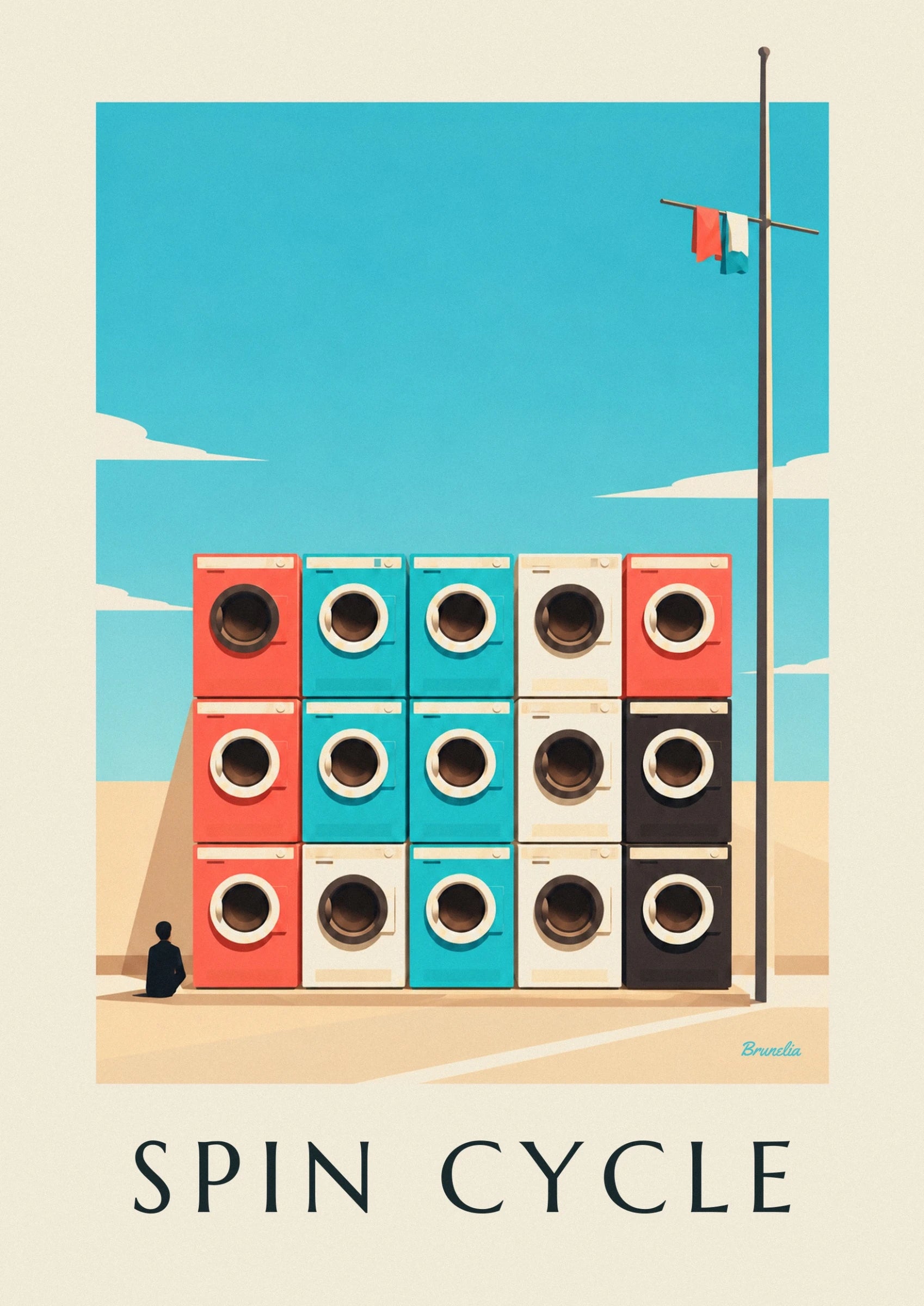 The coral and turquoise washing machines with cream-rimmed doors
