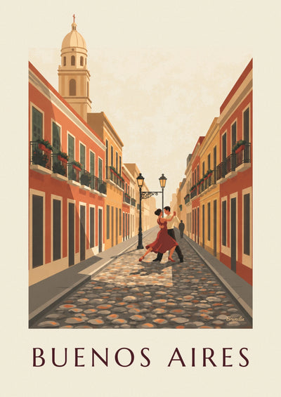 Poster of a cobblestone street in San Telmo, Buenos Aires, with tango dancers: the full poster