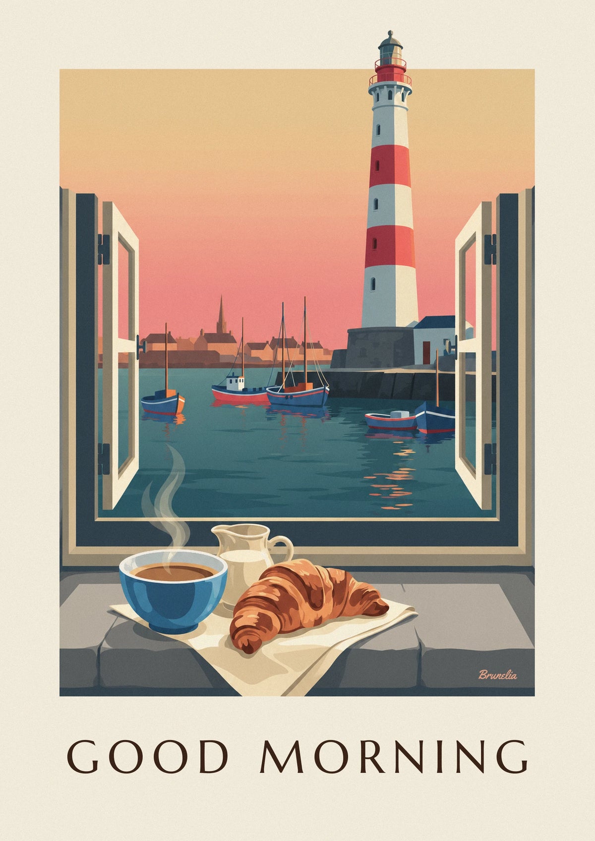 Coffee bowl and croissant by a lighthouse window poster