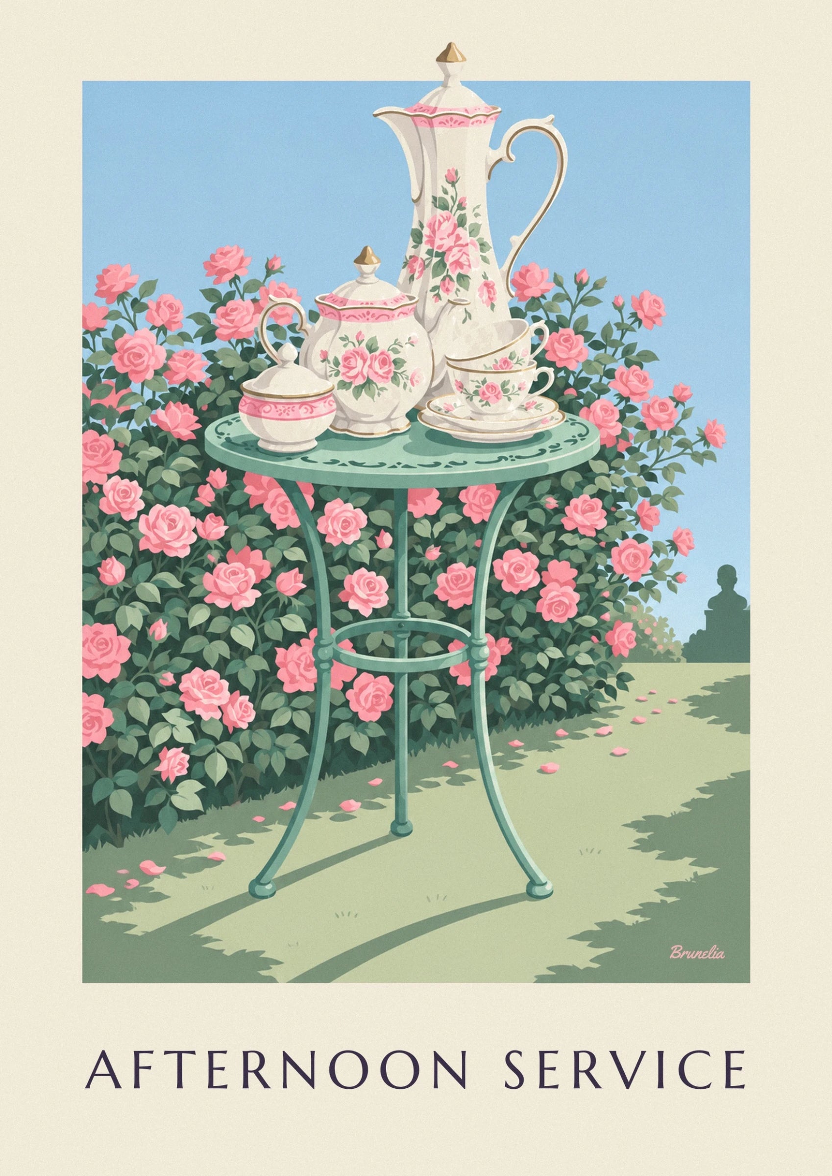 La théière et le sucrier en porcelaine aux roses roses sur la table verte du jardin