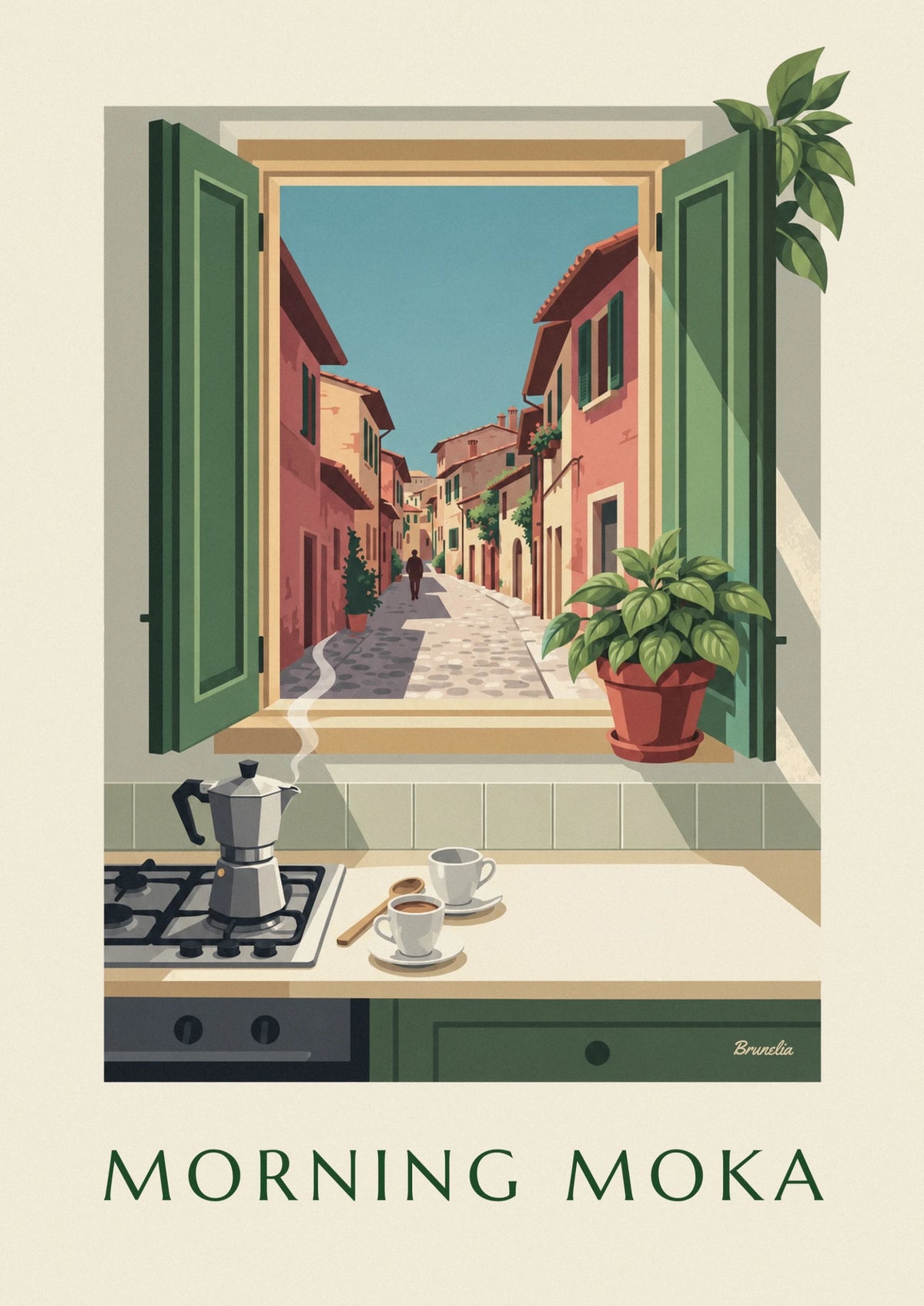 Moka pot in a morning kitchen poster