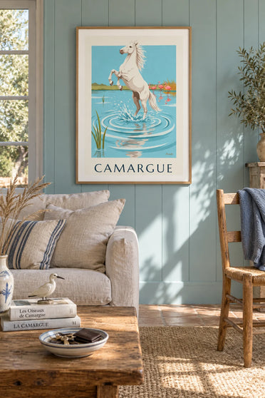 Poster of a white horse galloping through water in the Camargue: framed on the wall