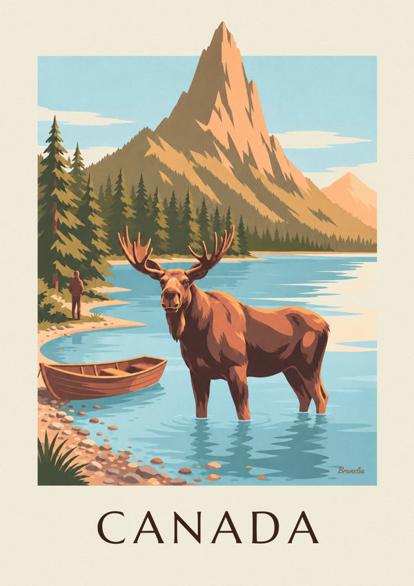 Affiche orignal dans un lac au pied des montagnes du Canada
