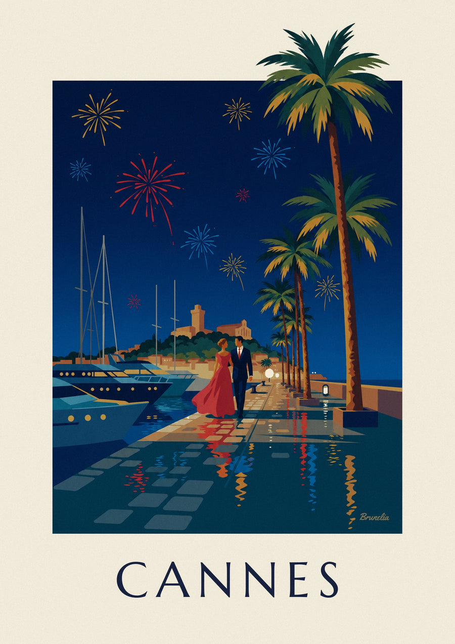 Juliste pariskunta Cannesin palmujen alla ilotulitusillassa