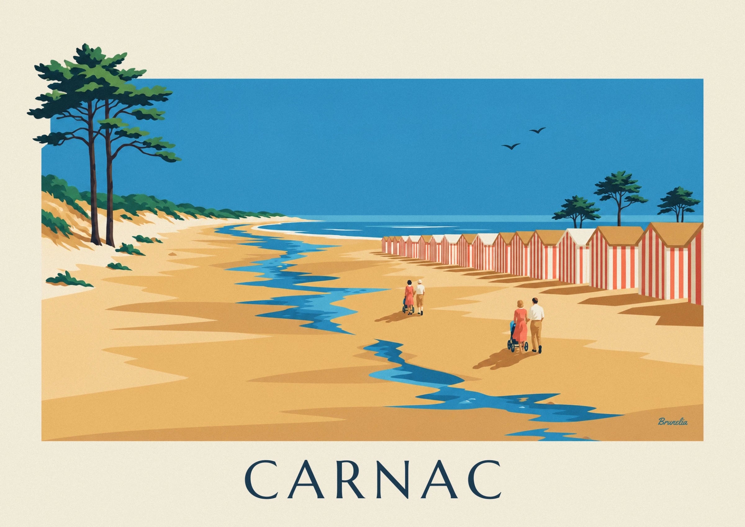 Punavalkoraidalliset rantamökit kultaisine kattoineen ja taustalla männyt