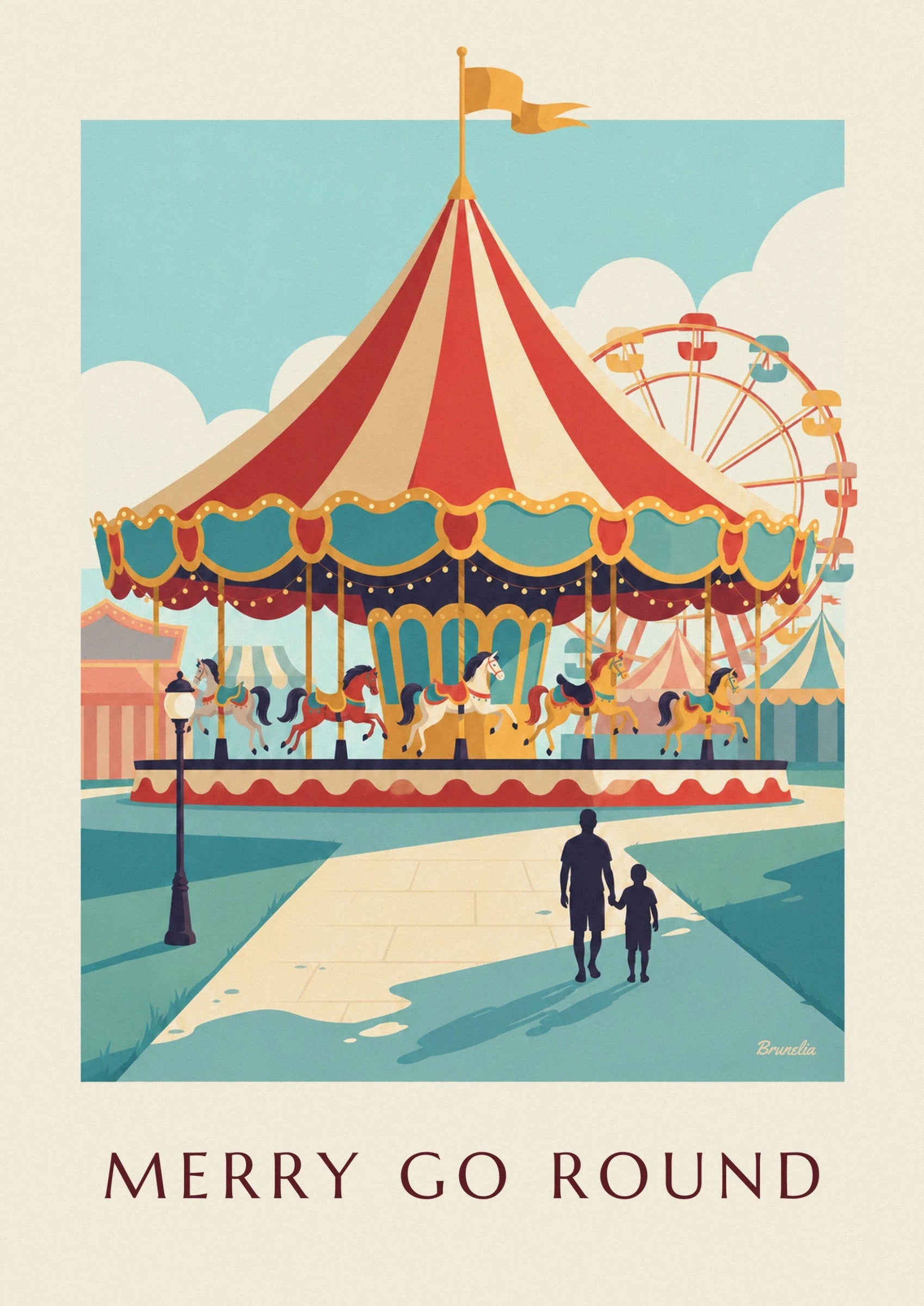 The pointed carousel roof with red and cream stripes and turquoise trim