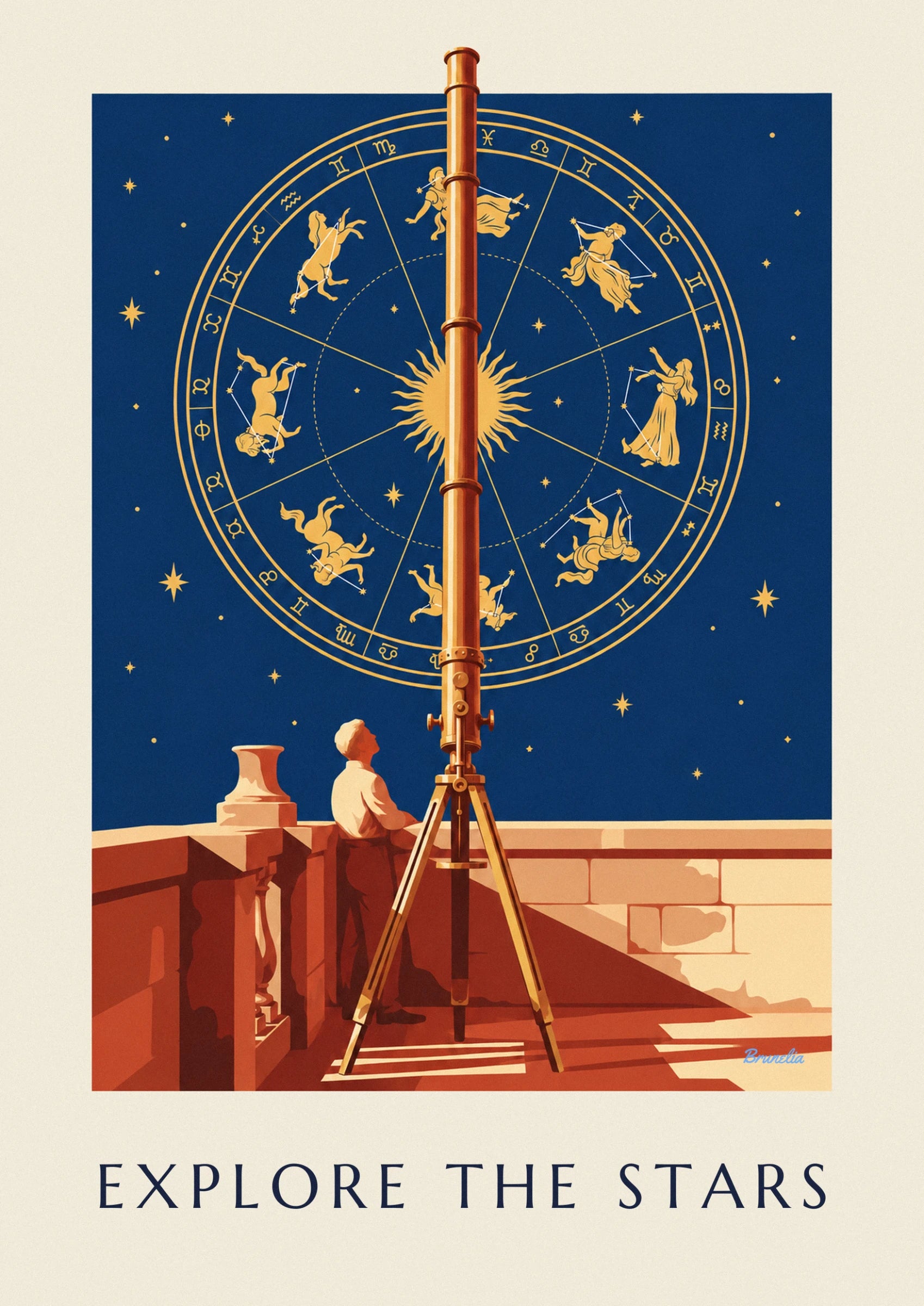 The astronomer in a light shirt, leaning on the low wall beside the brass telescope on its tripod