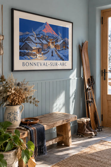 Poster of the village of Bonneval-sur-Arc under snow at dusk: framed on the wall