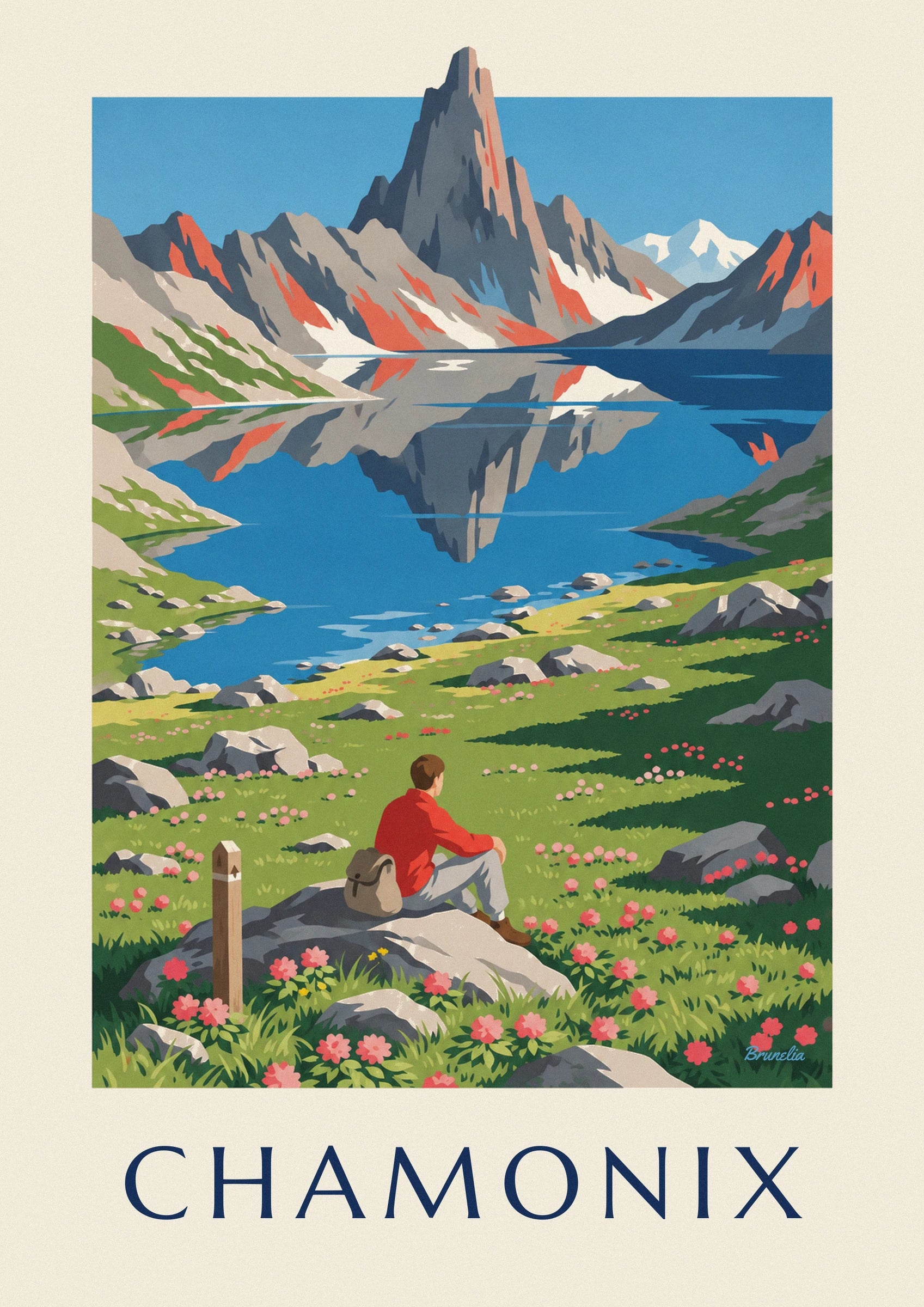 The walker in a red jumper sitting on a rock, facing the flowering rhododendrons