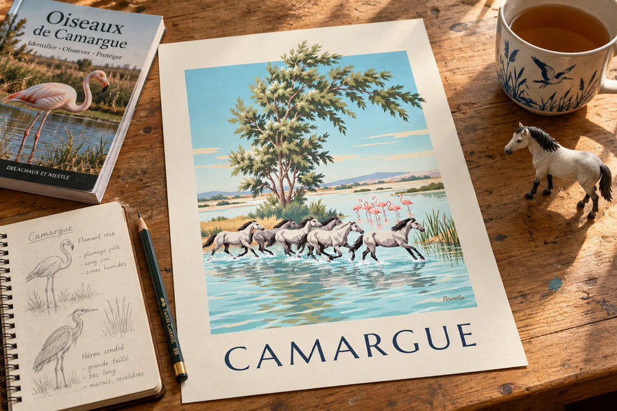 Affiche chevaux camarguais au galop dans les marais : posée sur une table
