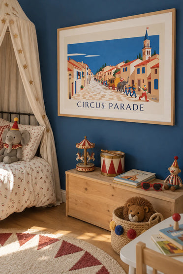 Affiche parade du cirque à travers le village : encadrée au mur