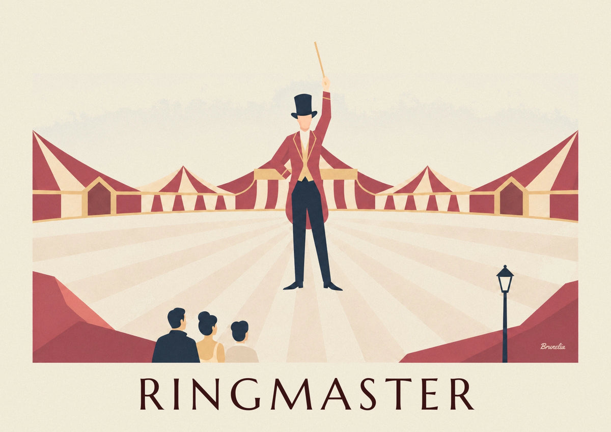 Circus ringmaster in red tailcoat and top hat poster