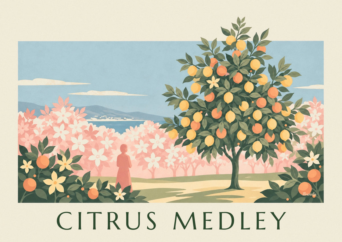 Yellow lemons and oranges on a floral background poster