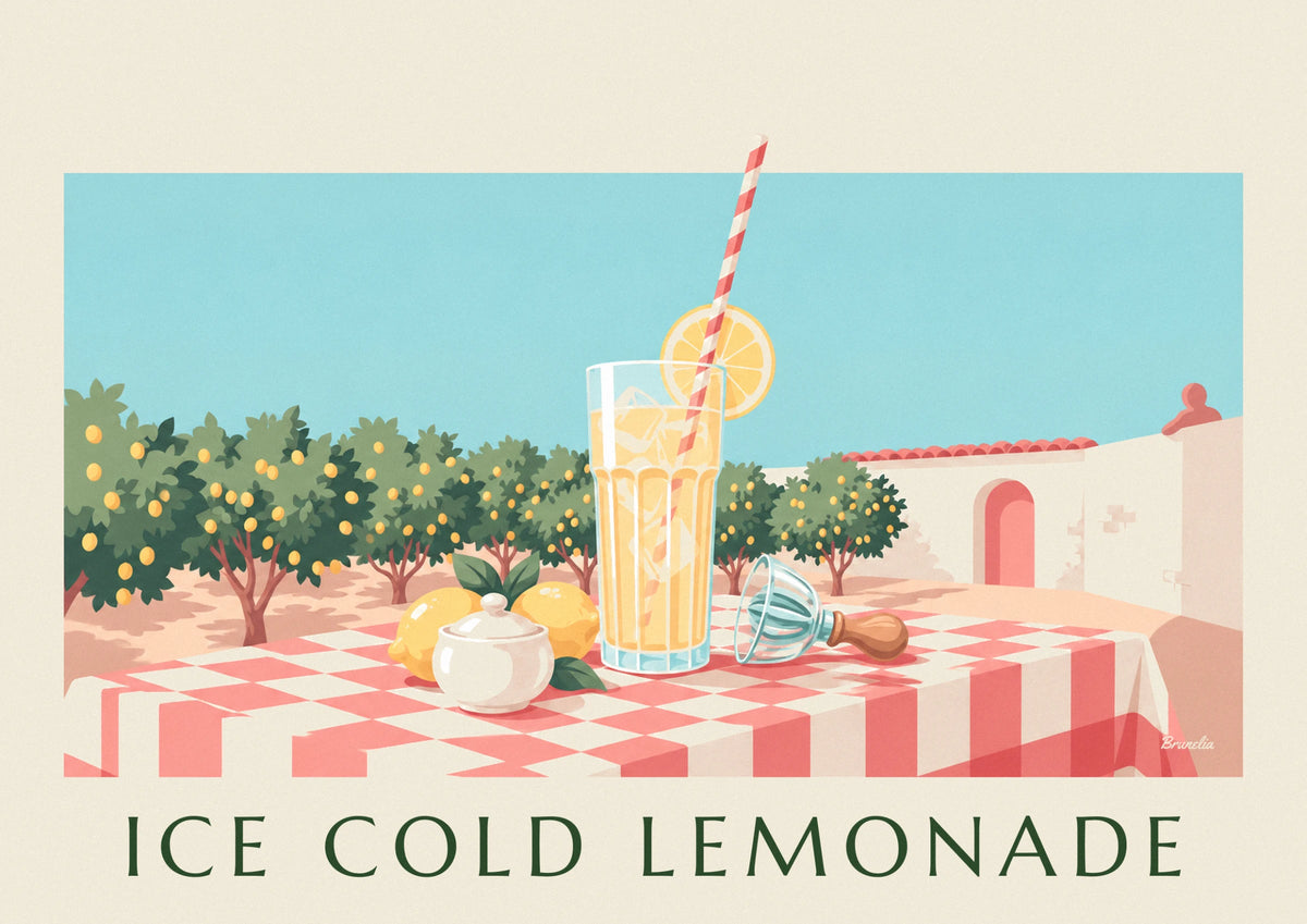 Iced lemonade glass on a village terrace poster