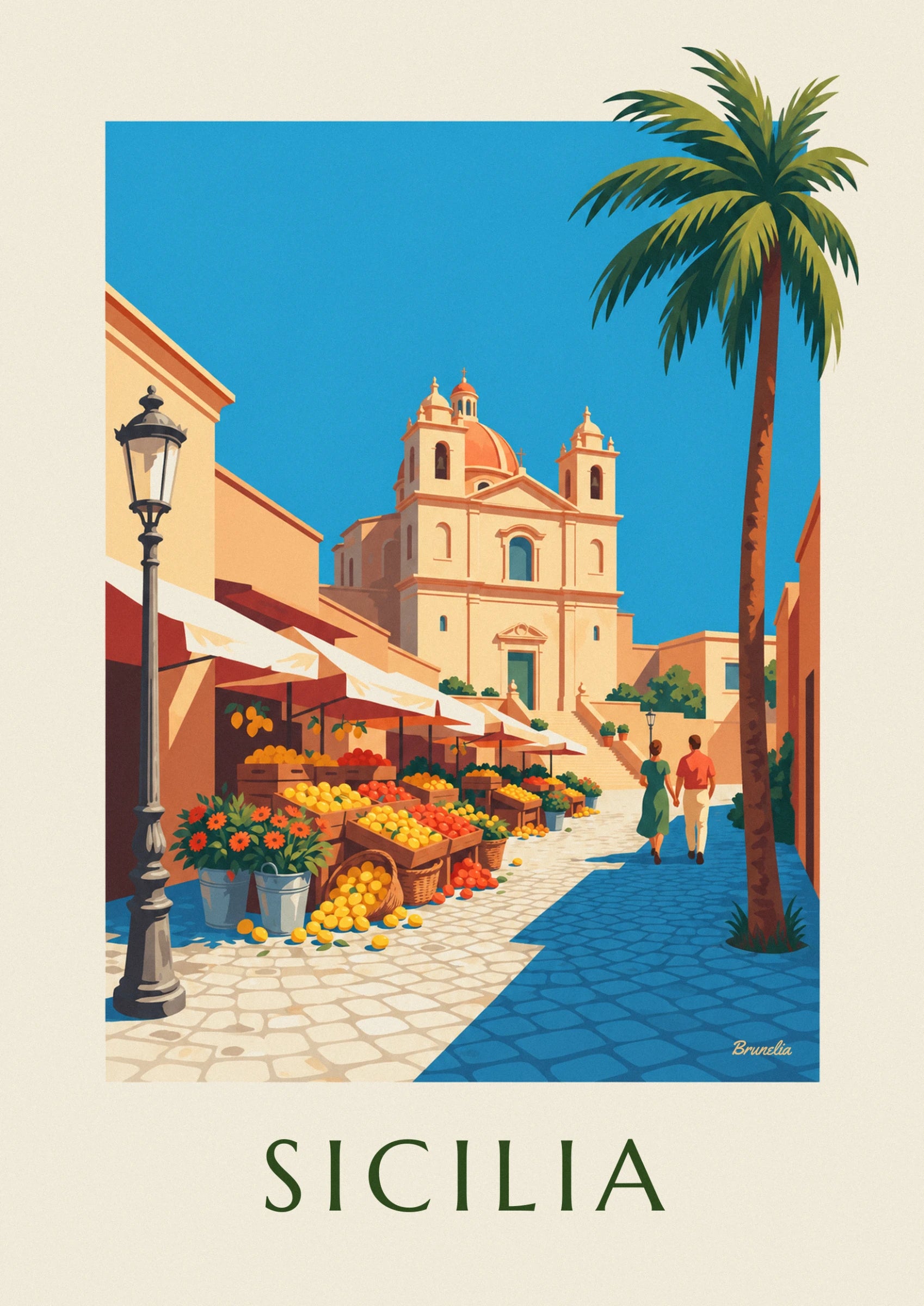 The crates of lemons and oranges, buckets of red flowers and overturned basket on the cobblestones