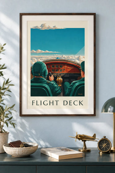 Poster of the dials and instruments of a propeller plane cockpit: framed on the wall