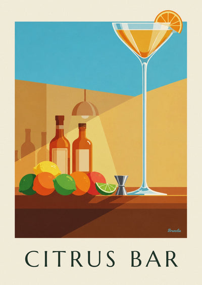 Juliste cocktailbaari, kristallimalja ja sitrushedelmät: koko juliste