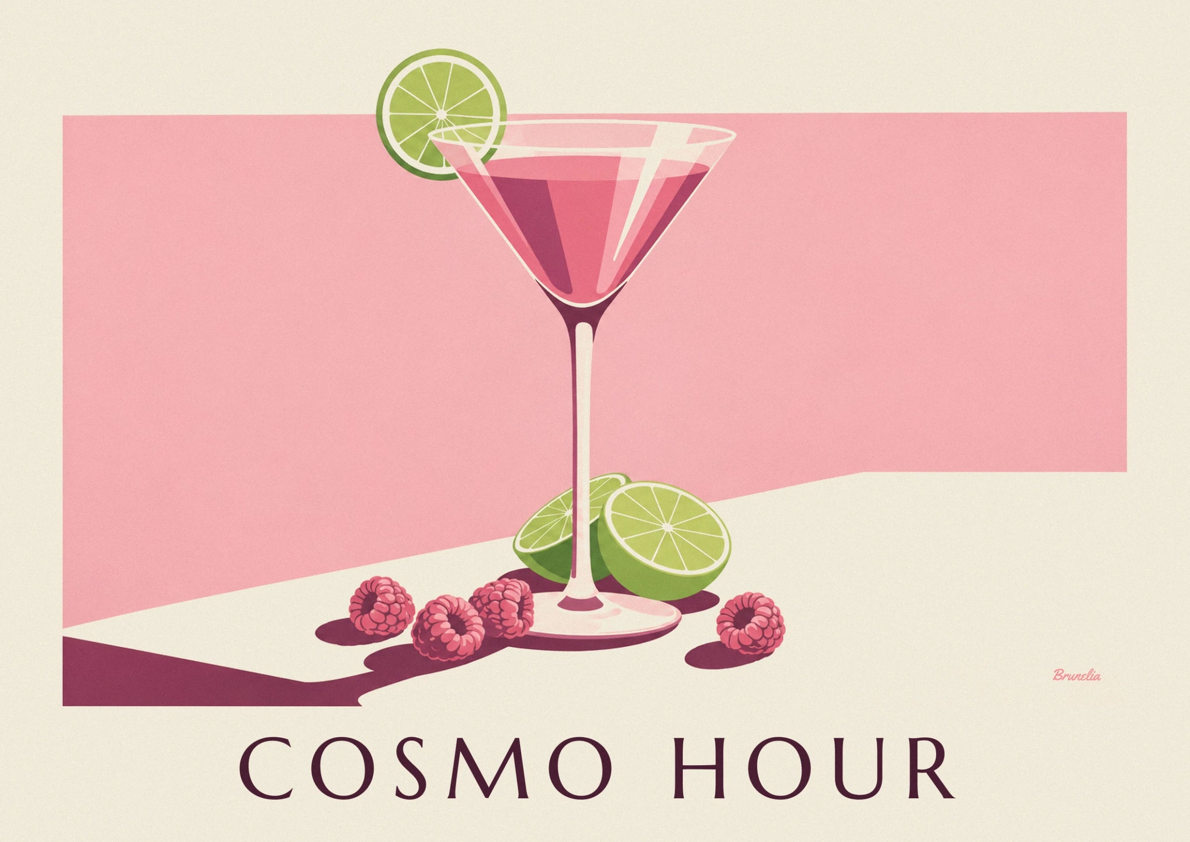 Le verre à cocktail rose et sa rondelle de citron vert, sur fond poudré