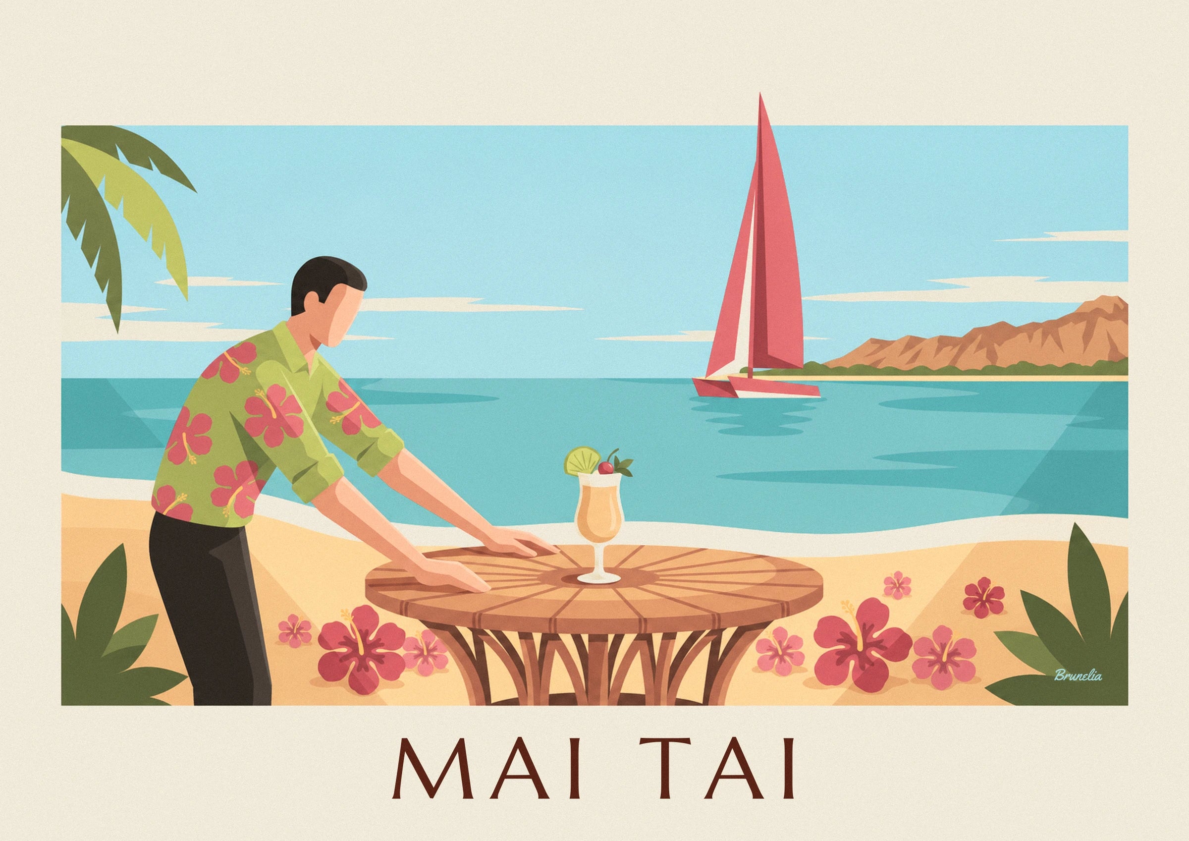 The waiter in a green shirt with pink hibiscus flowers, leaning over the table facing the sea