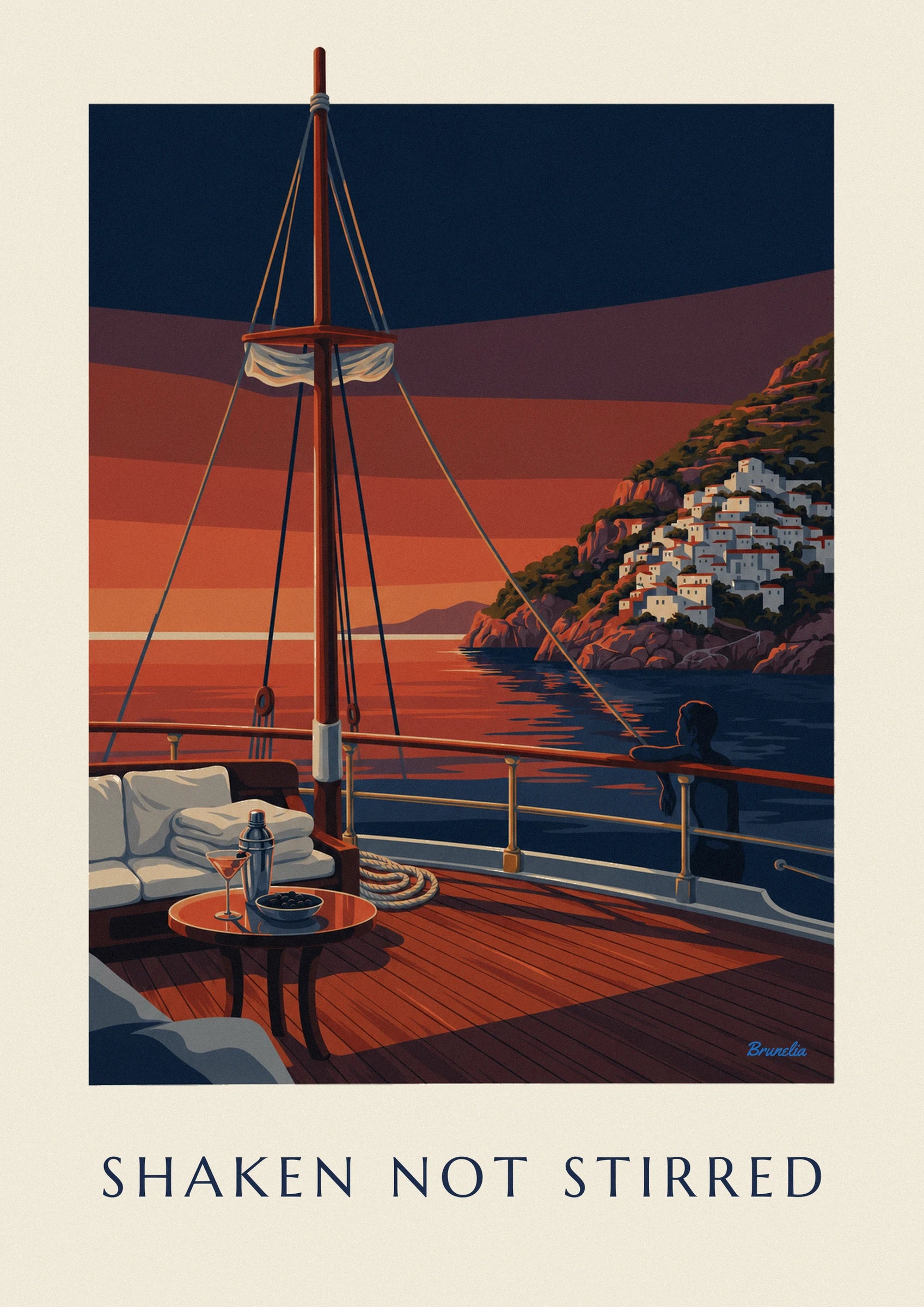 The silver cocktail shaker, martini glass and bowl of olives on the sailing boat's table