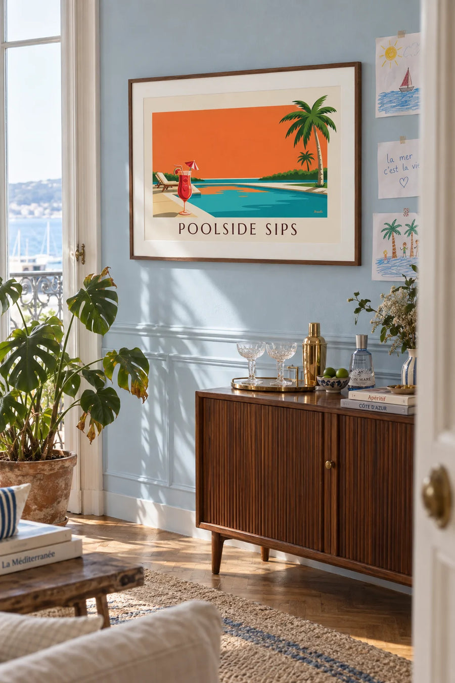 Poster of a strawberry daiquiri by the pool at dusk: framed on the wall
