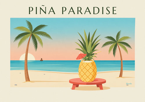 Juliste ananaksessa tarjoillusta piña colada -cocktailista rannalla: koko juliste