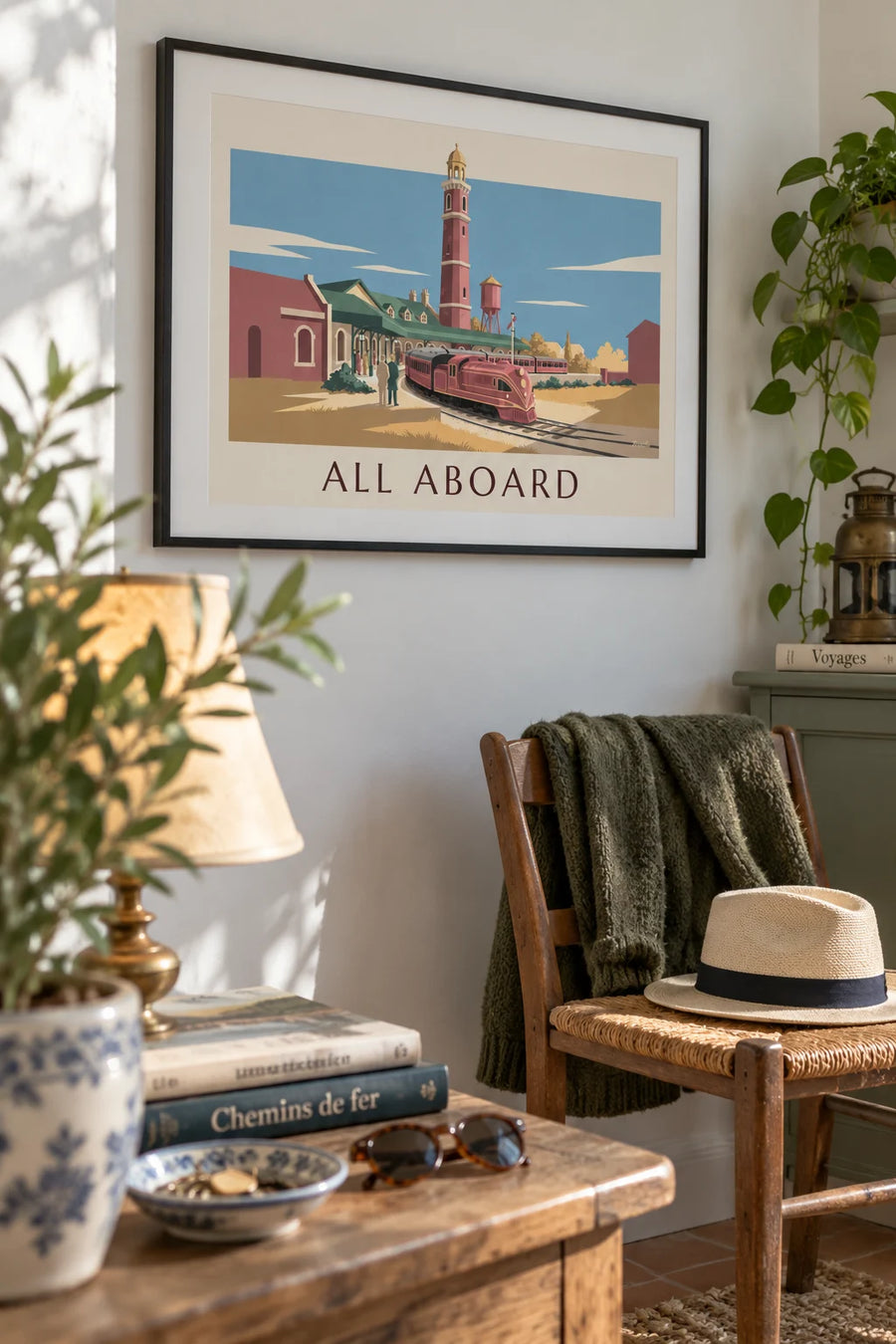 Poster of a miniature electric train and its model railway station: framed on the wall
