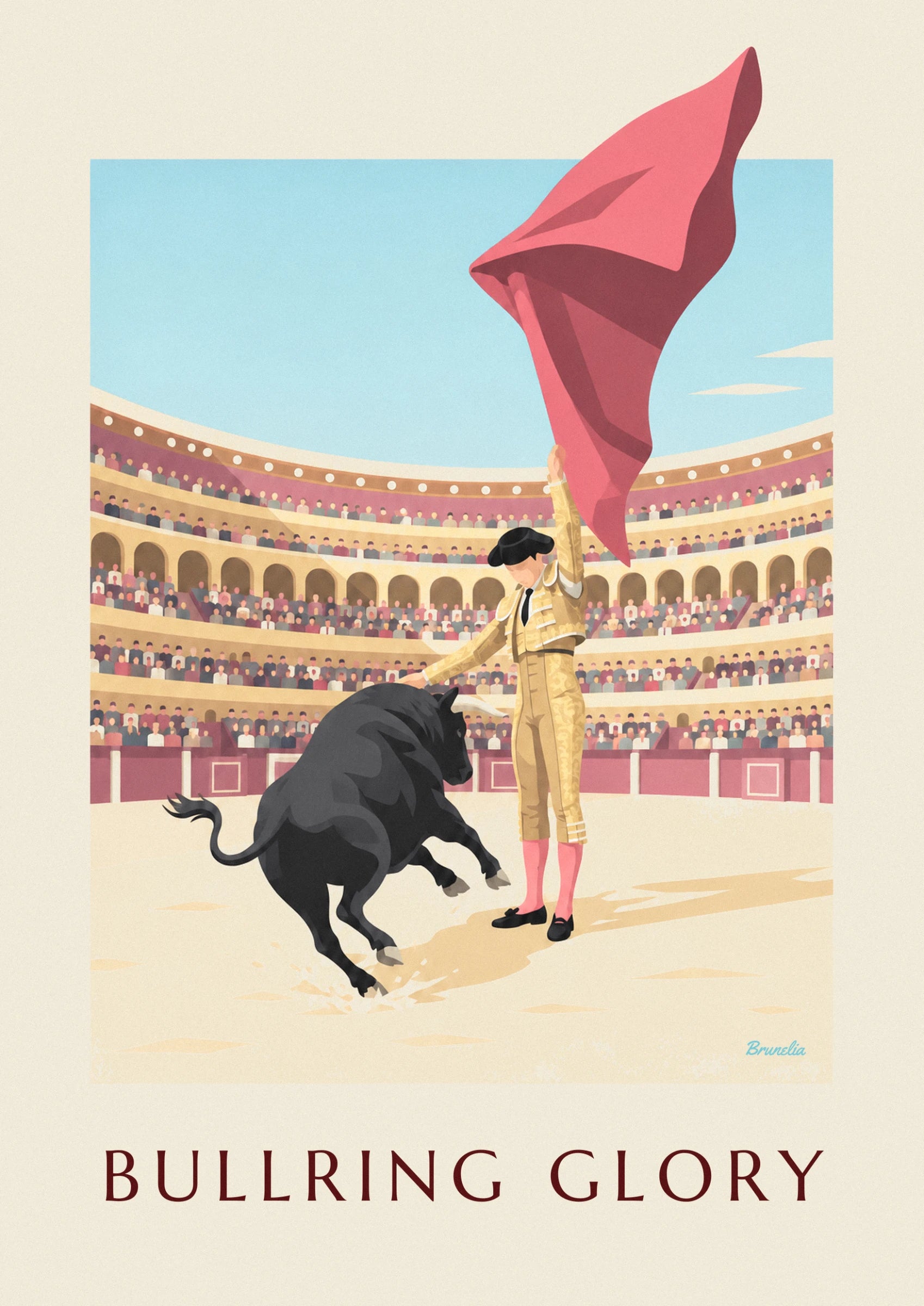 Le matador en costume doré et bas roses face au taureau noir dans l’arène