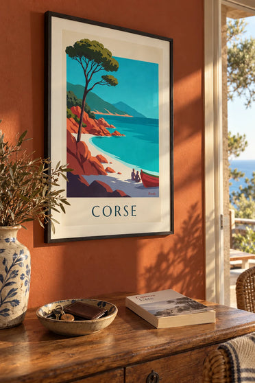 Affiche baie de Corse, rochers de granit rouge et pin parasol : encadrée au mur